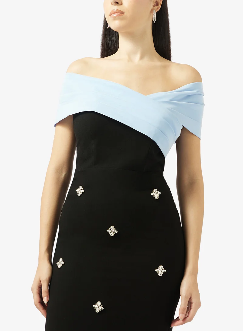 Akadia Fashion  DRAPED CROSS BUST BEADED CREPE DRESS for Women | Best Price UAE